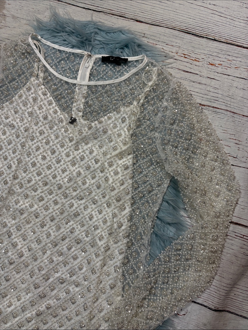 NWT Lulus Glowing Charisma White Sequin Pearl Mesh Long Sleeve Mini Dress - Picture 5 of 9